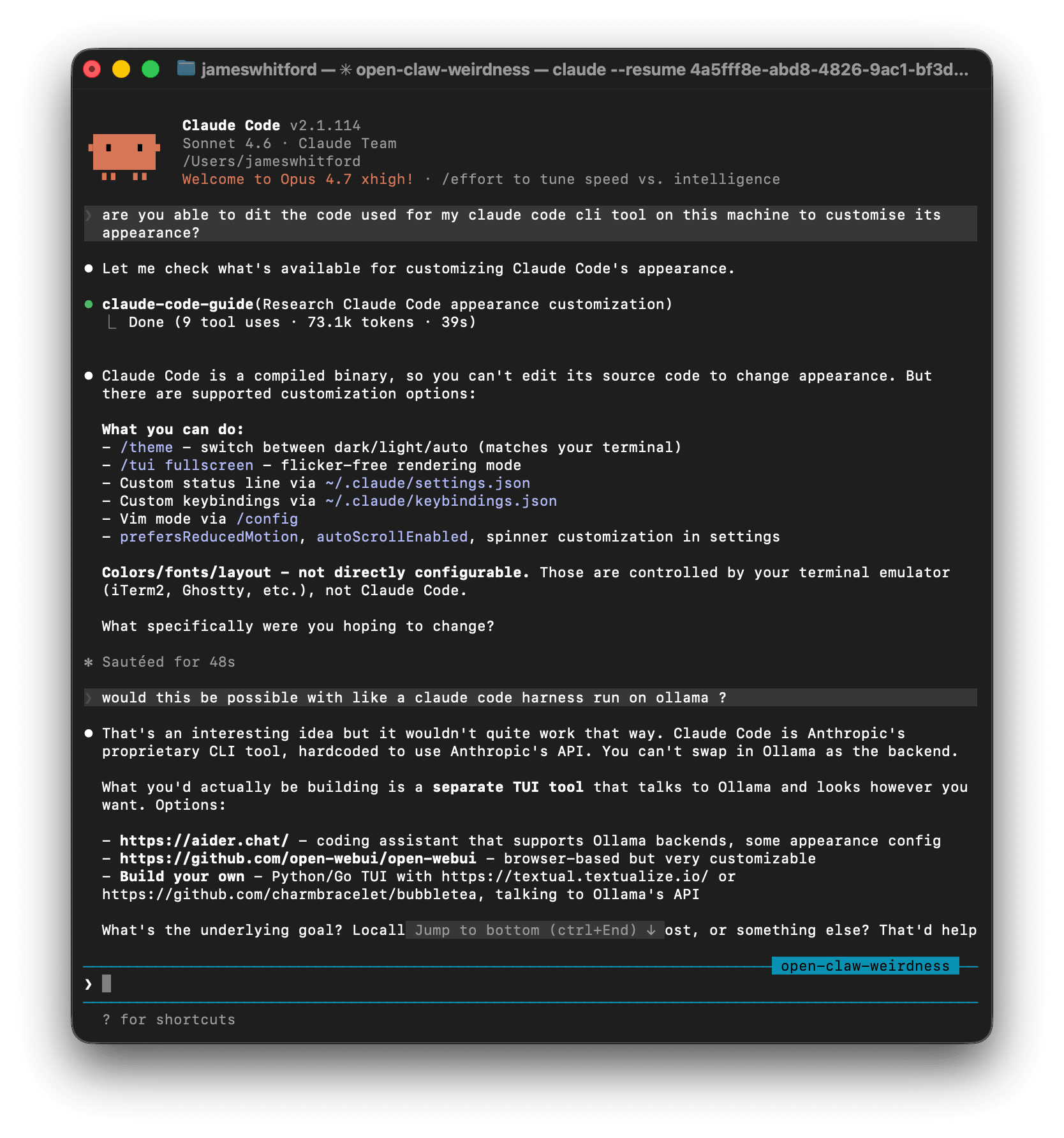 Full Claude Code session page 1, showing the appearance customization questions and the first openclaw exchange