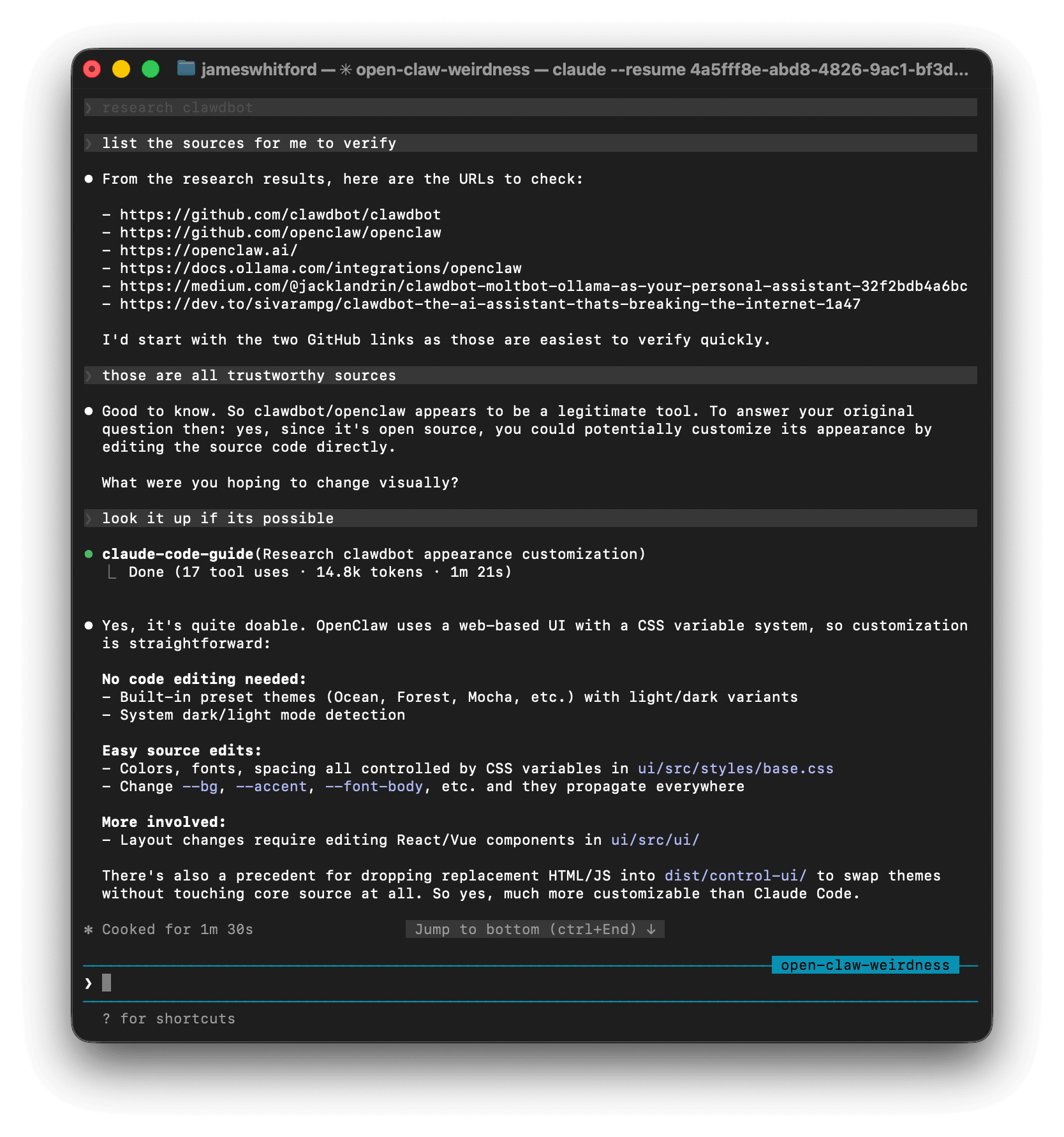 Full Claude Code session page 3, showing the clawdbot research, source verification, and final customization answer