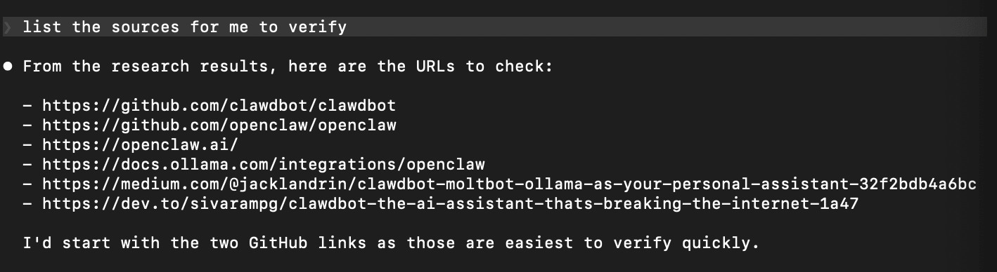 Claude Code terminal showing the user asking Claude to list the sources so they can verify them, and Claude listing all the URLs from the agent results