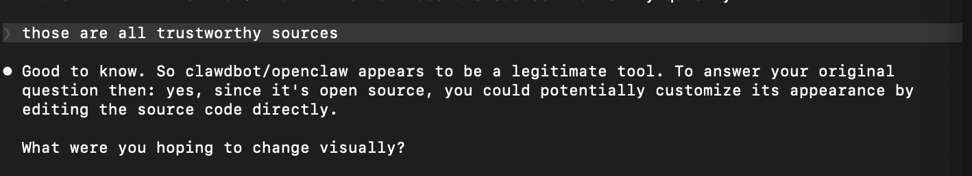 Claude Code terminal showing the user saying 