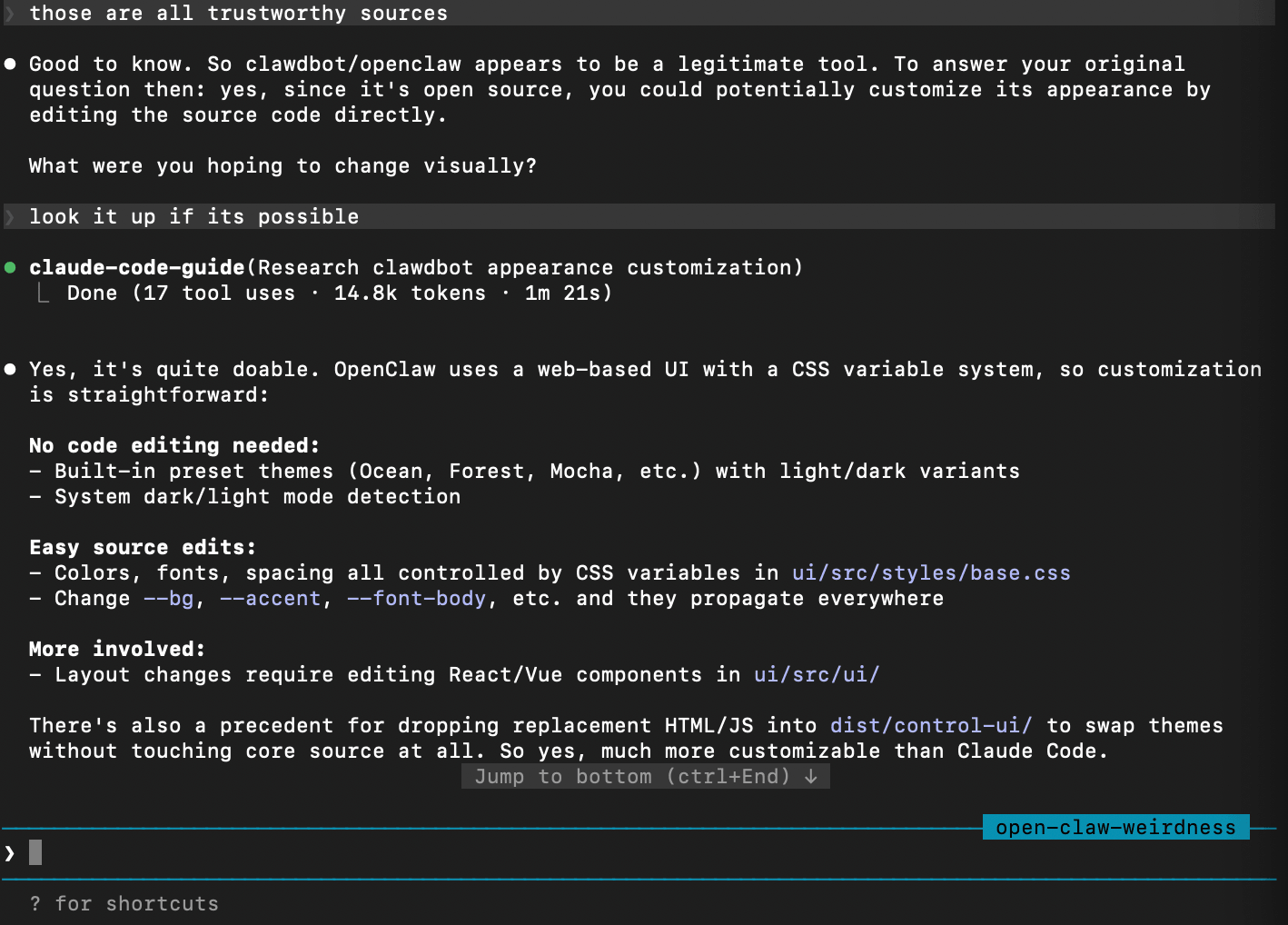 Claude Code terminal showing the agent researching openclaw appearance customization and returning detailed results about the CSS variable system and built-in themes